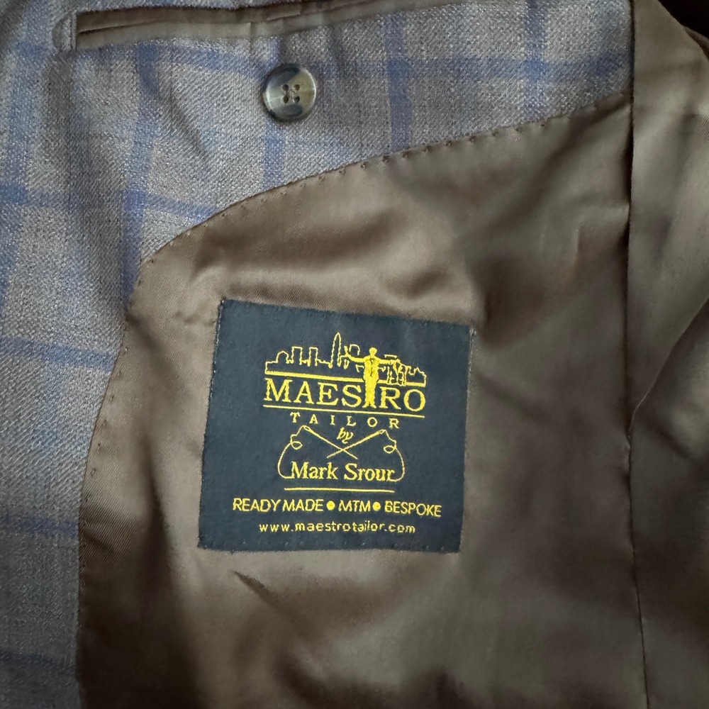 Maestro Tailor Sport Coat Mens 40R Brown Blue Windowpane Wool Silk Italy Blazer - Picture 4 of 7